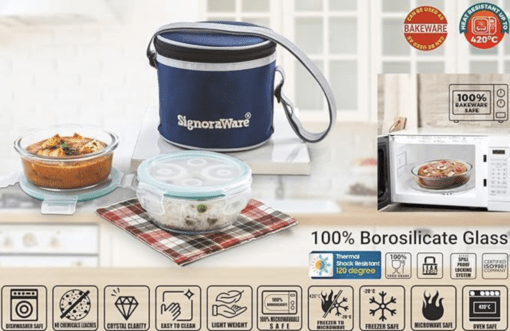 SignoraWare Executive High Microwave Safe Office Lunch Box Set with Bag | Borosilicate Glass | Safety Lock Airtight Tiffin Containers (Set of 2 – 400ml+400ml | Transparent) - Image 3